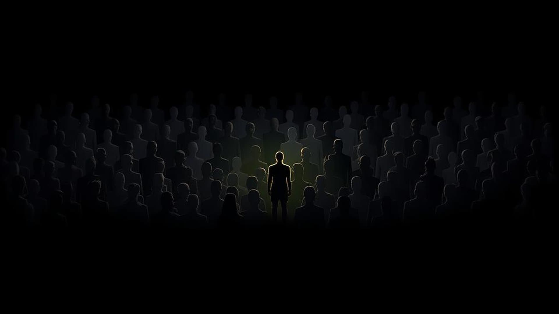 A single golden figure standing apart from a crowd of gray lines in darkness
