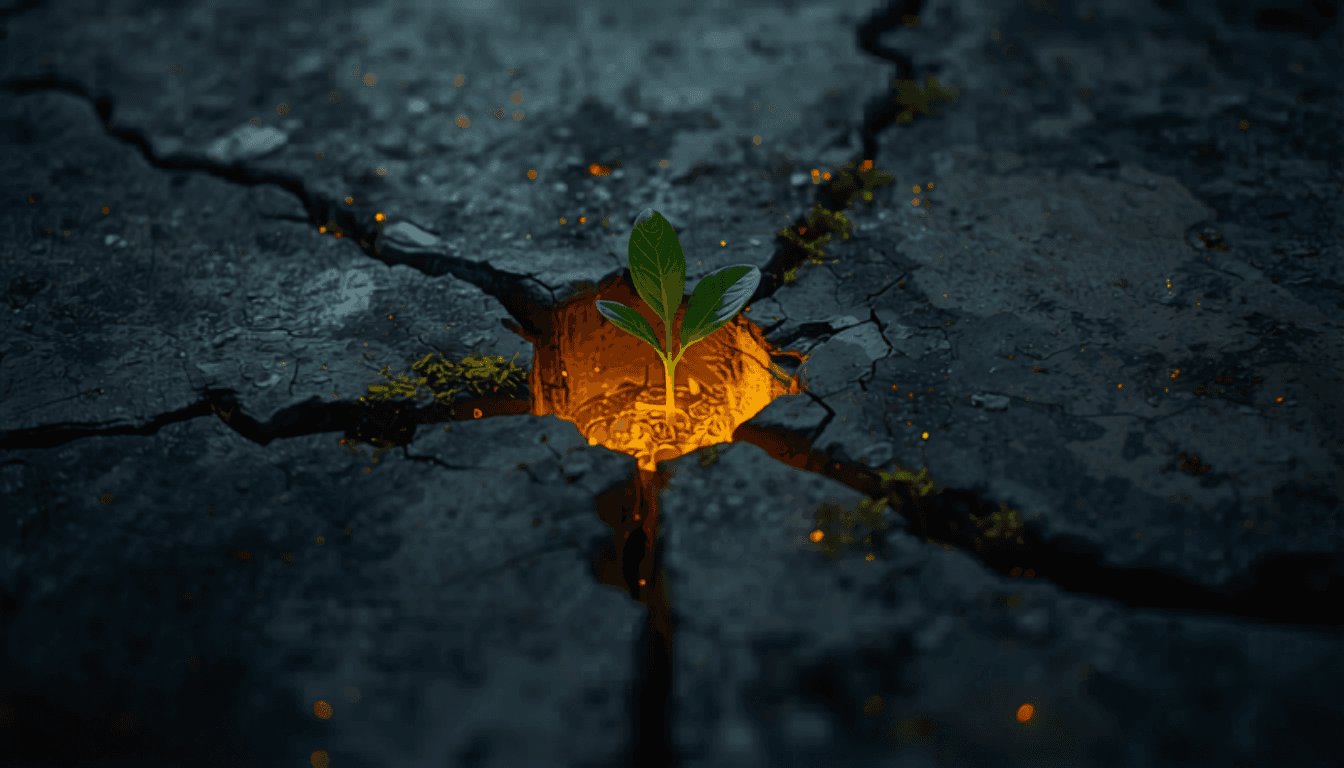 A single seedling breaking through cracked concrete, glowing with golden light from within