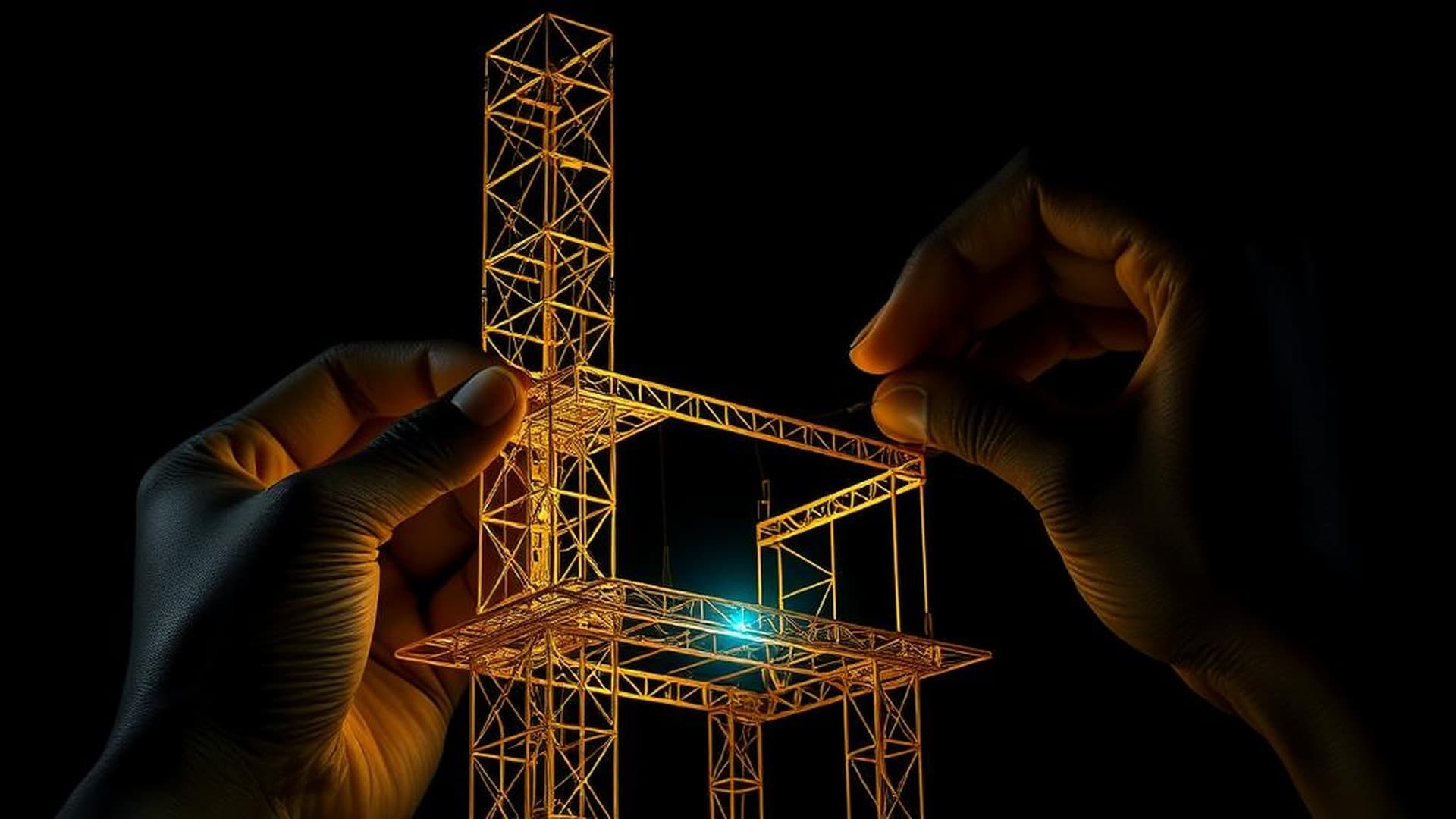 Dark hands assembling a golden wireframe tower structure with teal light glowing at its core